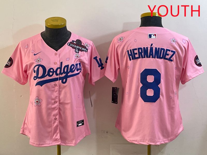 Youth Los Angeles Dodgers #8 Hernandez Pink Sakura Edition 2025 Nike MLB Jersey style 3->youth mlb jersey->Youth Jersey